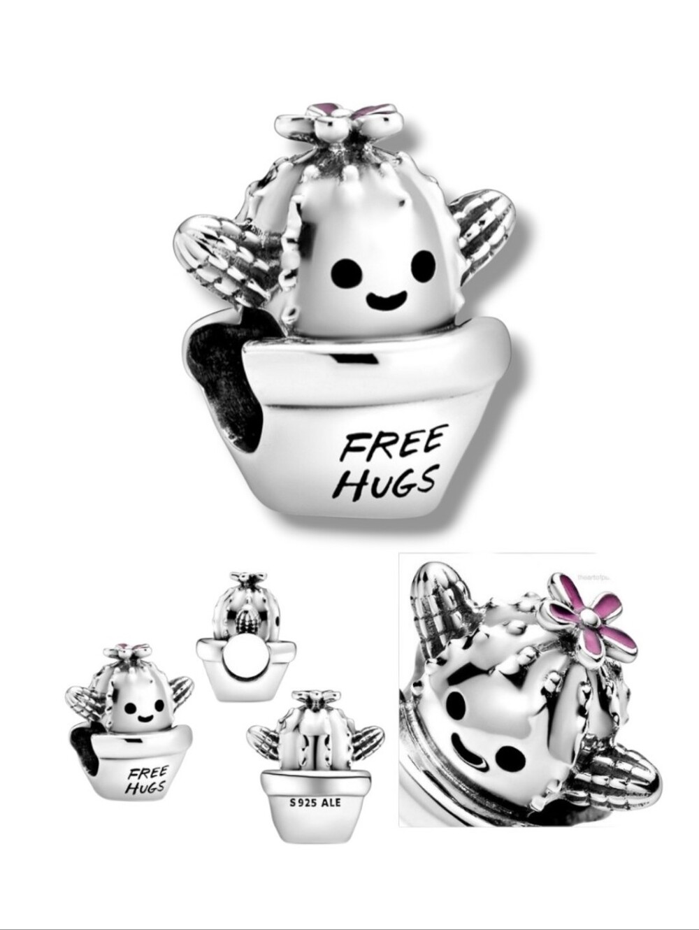 PANDORA Sterling Silver Free Hugs Cactus Charm With Black & Pink Enamel Retired